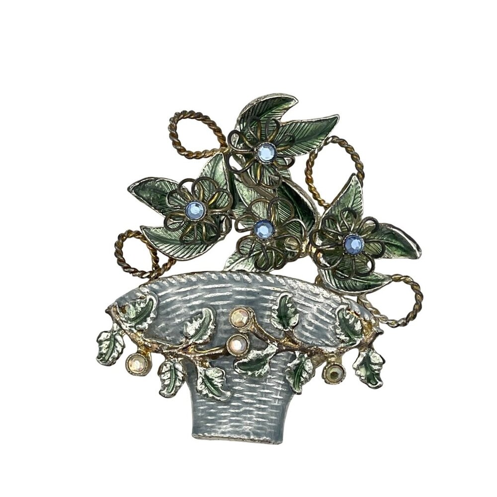 Vintage Brooch Flower Basket Pale Blue Flowers Vines Garland